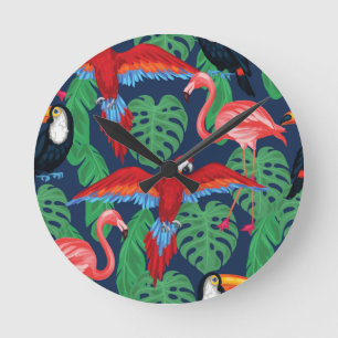 Tropical Birds In Bright Colors Round Clock