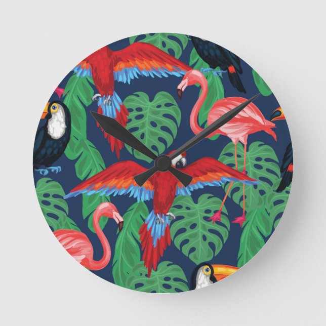 Tropical Birds In Bright Colors Round Clock (Front)