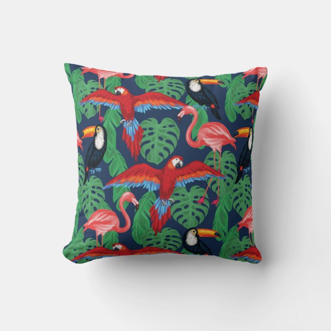 Tropical Birds In Bright Colors Throw Pillow (Front)