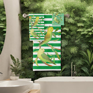 Tropical birds in green white stripes -monogrammed