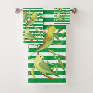 Tropical birds in green white stripes -monogrammed bath towel set