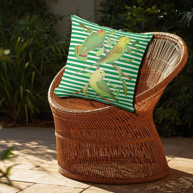 Tropical birds in green white stripes throw pillow (Creator Uploaded)