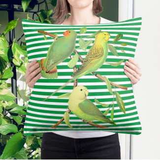 Tropical birds in green white stripes throw pillow