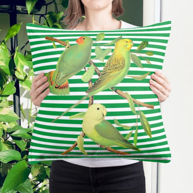 Tropical birds in green white stripes throw pillow (Creator Uploaded)