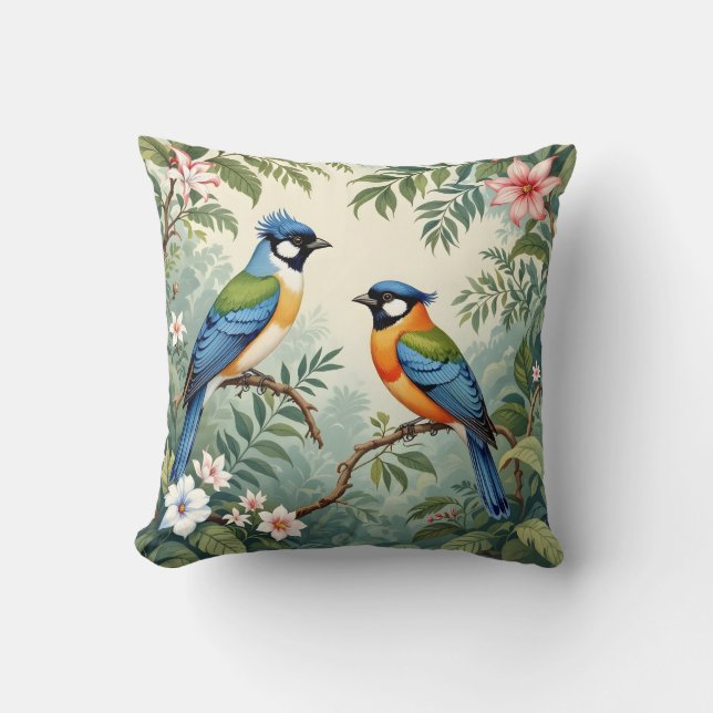 Tropical Birds in the Jungle Throw Pillow (Front)