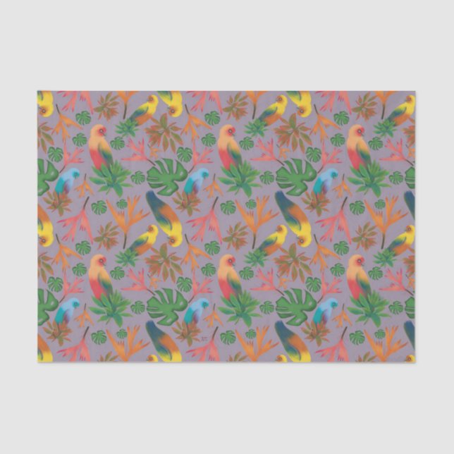 Tropical Birds Lavender Floral Pattern Tissue Paper (Front)