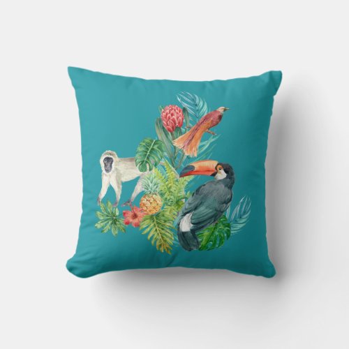 Tropical birds leaves and monkey white fur teal throw pillow