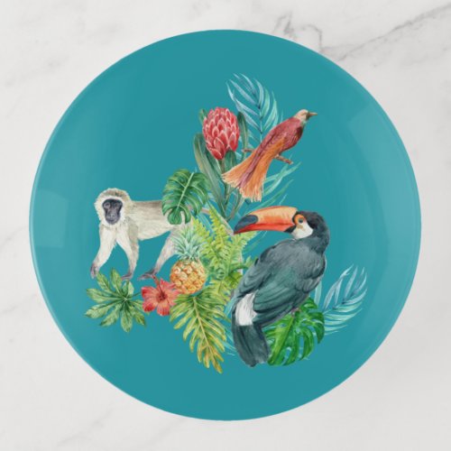 Tropical birds leaves and monkey white fur teal  trinket tray