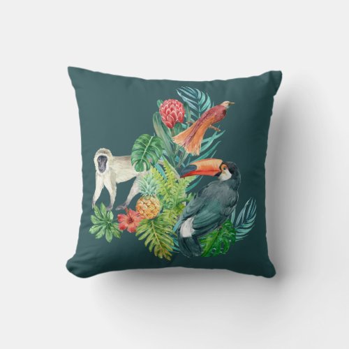 Tropical birds leaves and monkey with white fur throw pillow