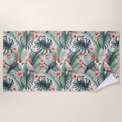 Tropical Birds & Palm Leaves Beach Towel
