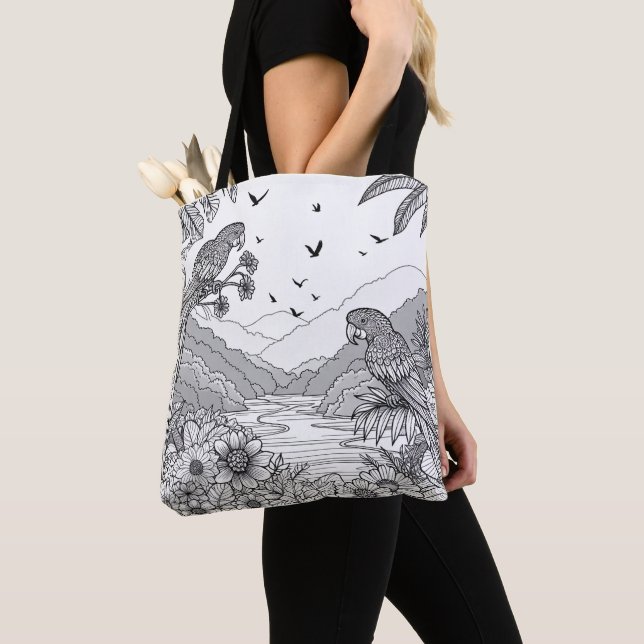 Tropical Birds Parrot Art Coloring  Tote Bag (Close Up)
