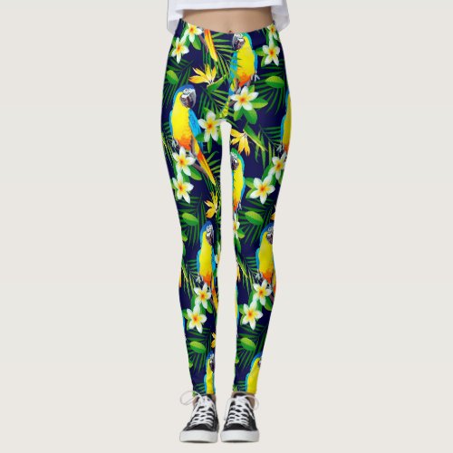 Tropical Birds _ Parrots and Hibiscus on Black Bac Leggings