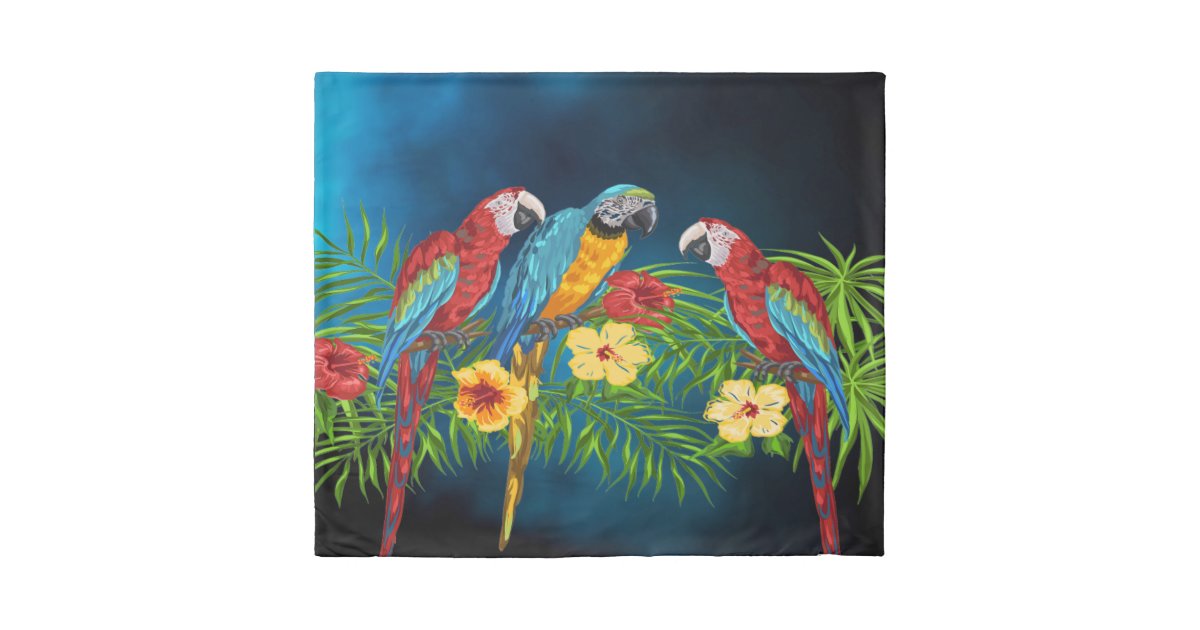 Tropical Birds Parrots Blue Sky Red Palm Leaves Duvet Cover