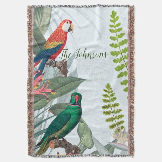 Tropical Birds Parrots & Foliage Throw Blanket (Front Vertical)