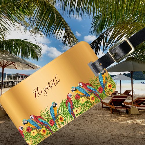 Tropical birds parrots gold palm leaves name luggage tag
