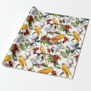 Tropical Birds Parrots Jungle Pattern - white Wrapping Paper