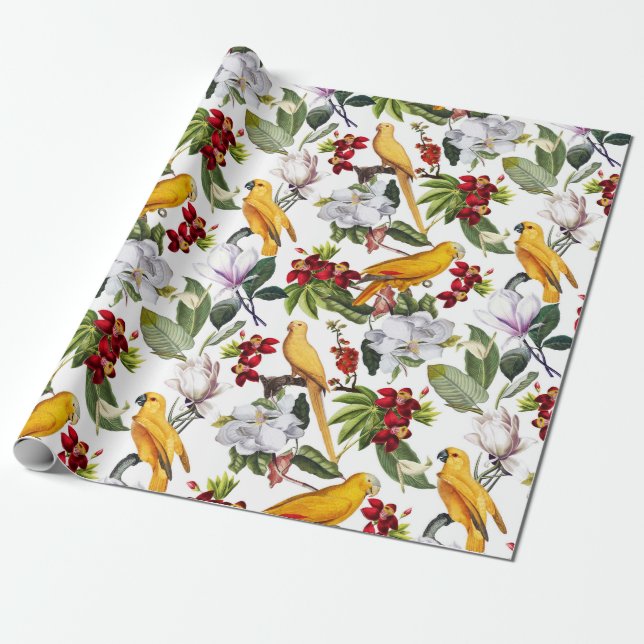 Tropical Birds Parrots Jungle Pattern - white Wrapping Paper (Unrolled)