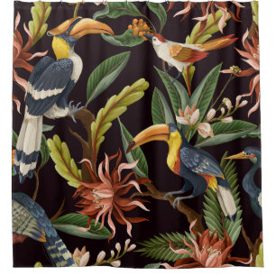 Tropical Birds: Vintage Leaves & Flowers Shower Curtain