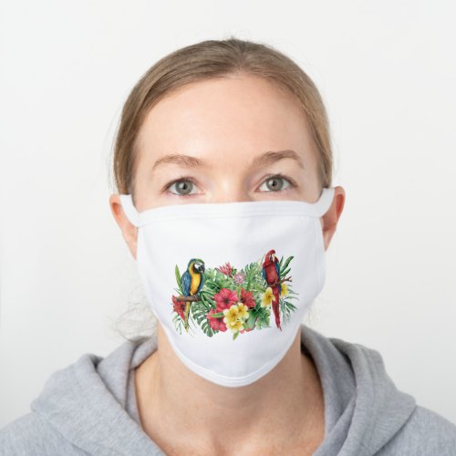 Tropical Birds Watercolor Floral White Cotton Face Mask