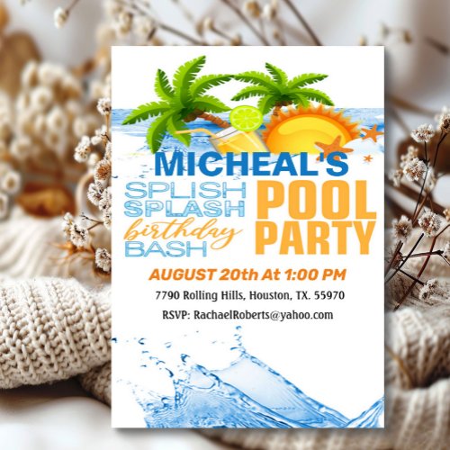 Tropical Birthday Bash Pool Party Invitation