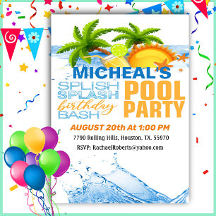 Tropical Birthday Bash Pool Party Invitation