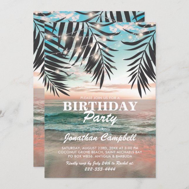 Tropical Birthday Beach Party | String of Lights Invitation (Front/Back)