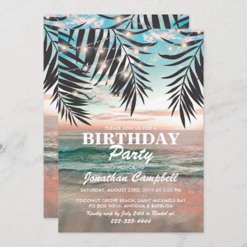 Tropical Birthday Beach Party | String of Lights Invitation - Beach destination birthday party invitations featuring a tropical palm beach setting, string twinkle lights, and a modern text template.
Click on the “personalize” button for further customization of this template. You will be able to modify all text, including the style, colors, and sizes.
You will find matching items further down the page, if however you can't find what you looking for please contact me.