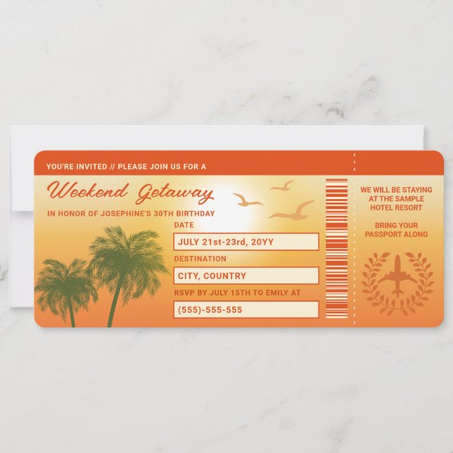 Tropical Birthday Getaway Faux Boarding Pass Invitation (Front)