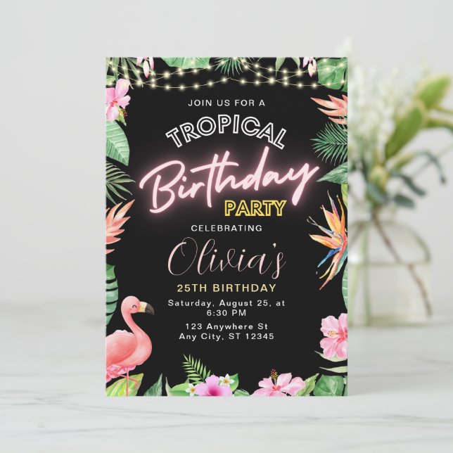 Tropical Birthday Invitation, Neon Birthday Summer Invitation (Standing Front)