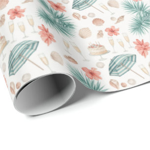 Tropical Birthday Palm Leaves & Champagne Glasses Wrapping Paper