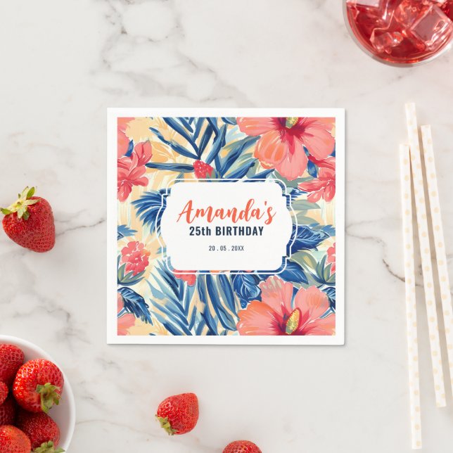 Tropical Birthday Party Hibiscus Floral Pattern Napkins (Insitu)