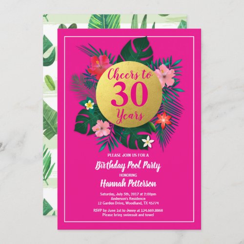 Tropical birthday party invitation hot pink gold