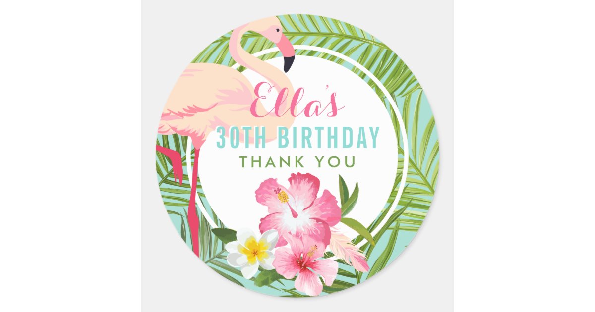 Tropical Birthday Party Pink Flamingo Thank You Classic Round