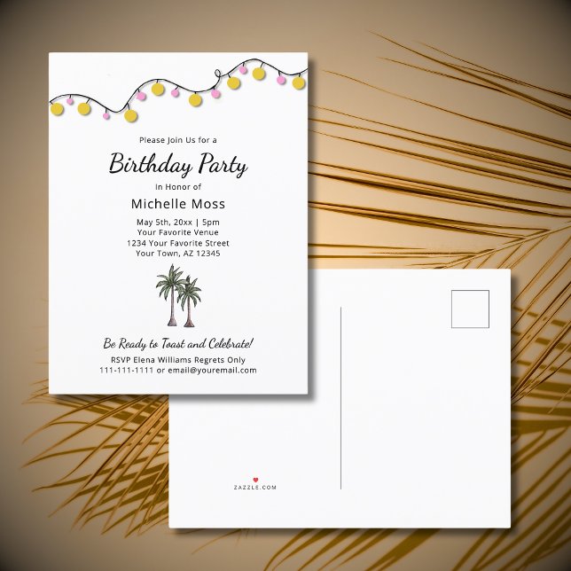 Tropical Birthday Party String Lights Palm Trees Invitation Postcard (Creator Uploaded)