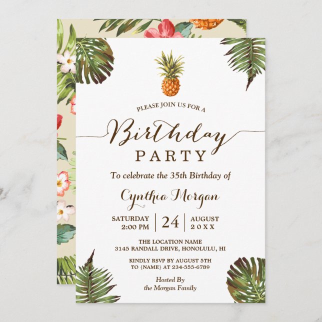 Tropical Birthday Party -  Summer Pineapple Leaves Invitation (Front/Back)