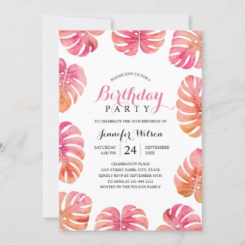 Tropical Birthday Party Watercolor Summer Leaves Invitation
