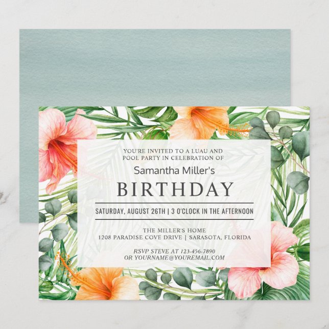 Tropical Birthday Pool Party and Luau Invitation (Front/Back)