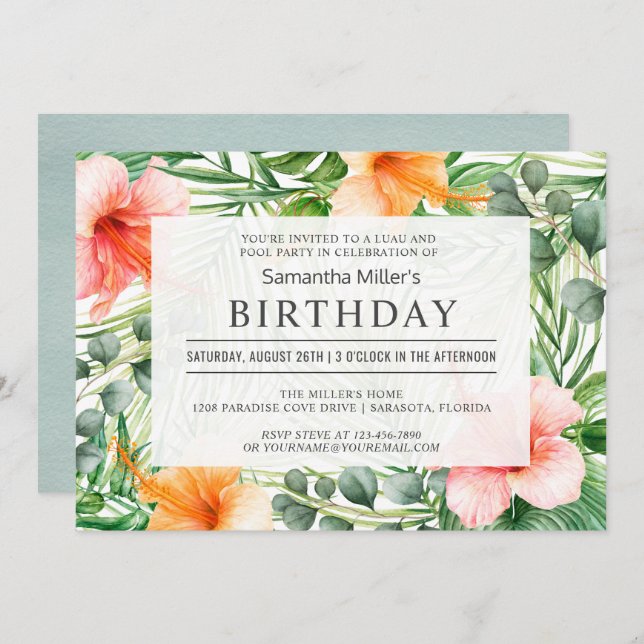 Tropical Birthday Pool Party and Luau Invitation (Front/Back)