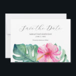 Tropical Birthday Save The Date Cards<br><div class="desc">Elevate your birthday announcement with our Save the Date cards, adorned with a sophisticated watercolor border of tropical flowers and monstera palm leaves. "Save the Date" is elegantly presented in charcoal grey against a pristine white backdrop. Customize with your details using the provided template fields. The back of the card...</div>