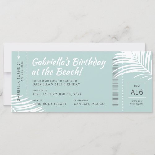 Tropical Birthday Trip Boarding Pass Ticket Teal Invitation