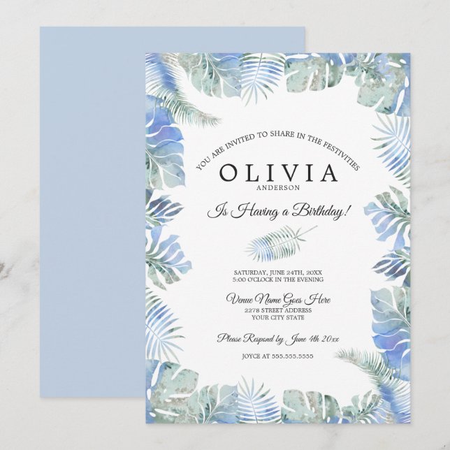 Tropical Birthday Watercolor Leaves Blue Green Invitation (Front/Back)