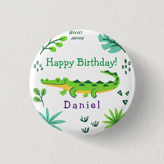 Tropical birthday with green crocodile  button