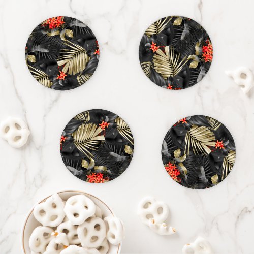 Tropical Black and Gold Floral Jasmine Coaster Set