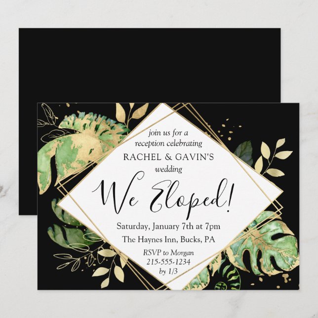 Tropical Black and Gold We Eloped Reception Invitation (Front/Back)