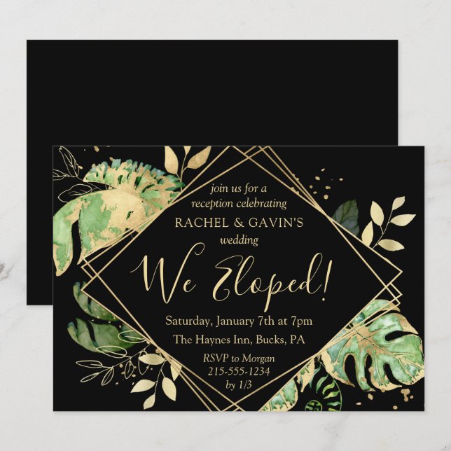 Tropical Black and Gold We Eloped Reception Invitation (Front/Back)