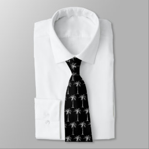 Tropical Black and White Palm Tree Pattern Neck Tie