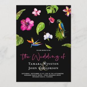 Tropical Black Floral Greenery Beach Wedding Invitation