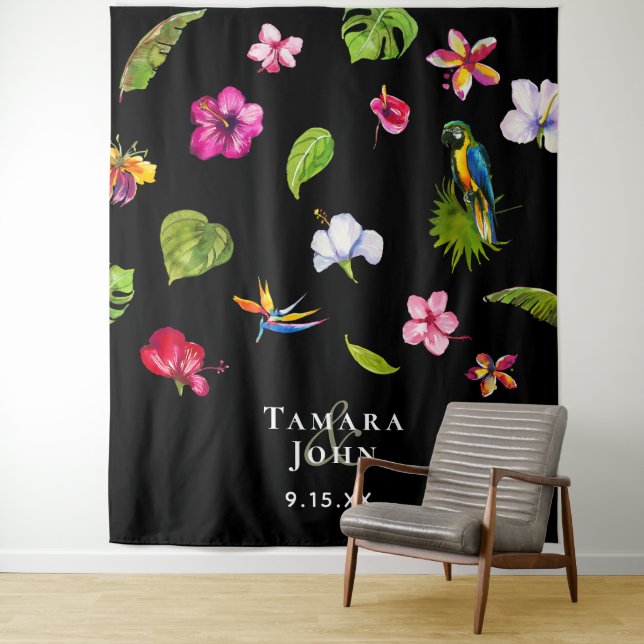 Tropical Black Floral Pink Photo Booth Backdrop (In Situ)