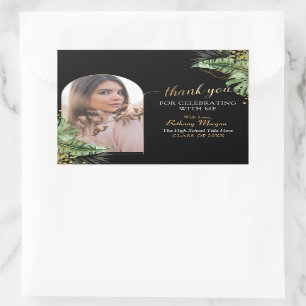 Tropical Black Gold Arch Grad Photo Graduation Rectangular Sticker