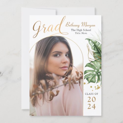 Tropical Black Gold Arch Photo Graduation Party Invitation